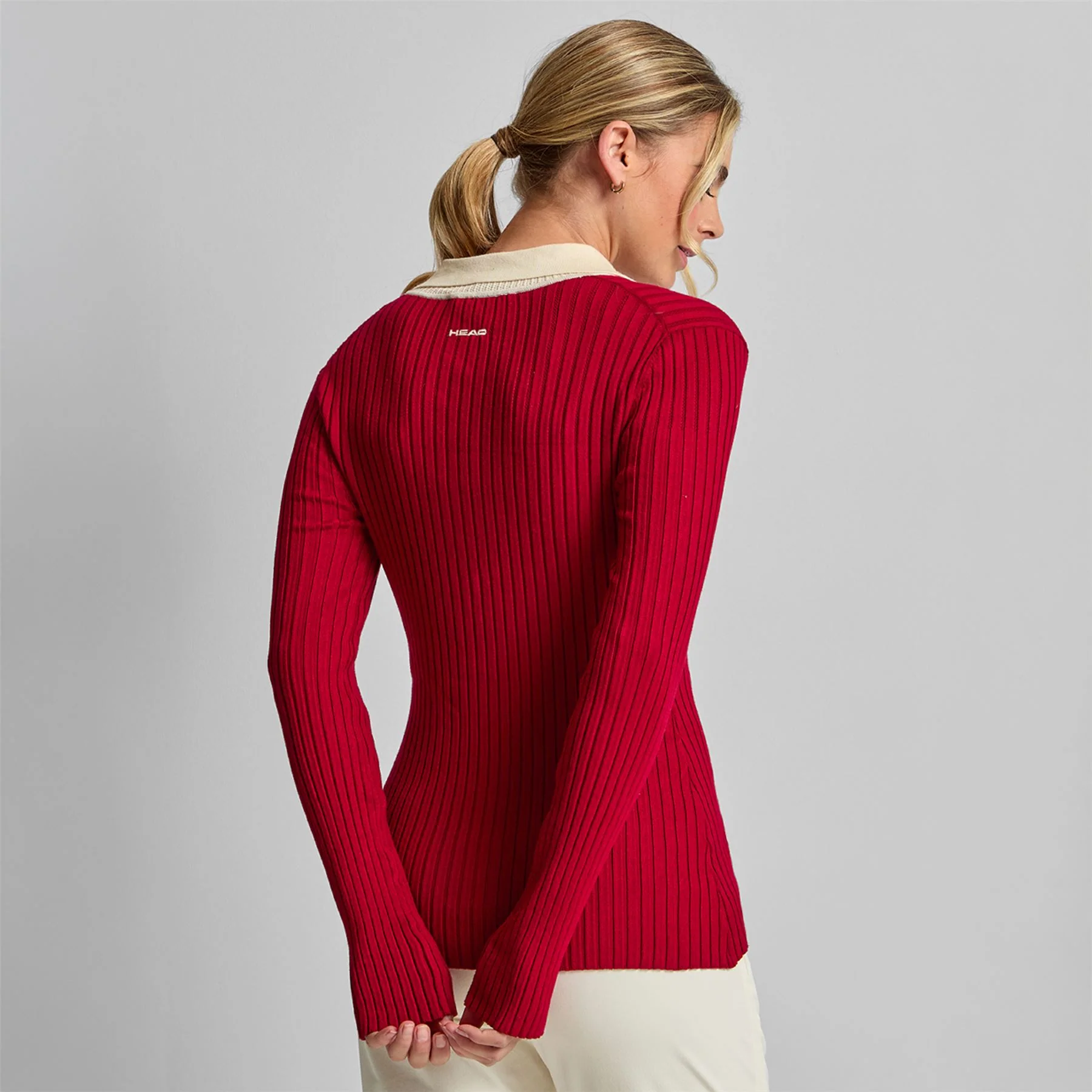 Pointelle Rib Long Sleebe Knit Polo Red - Image 2