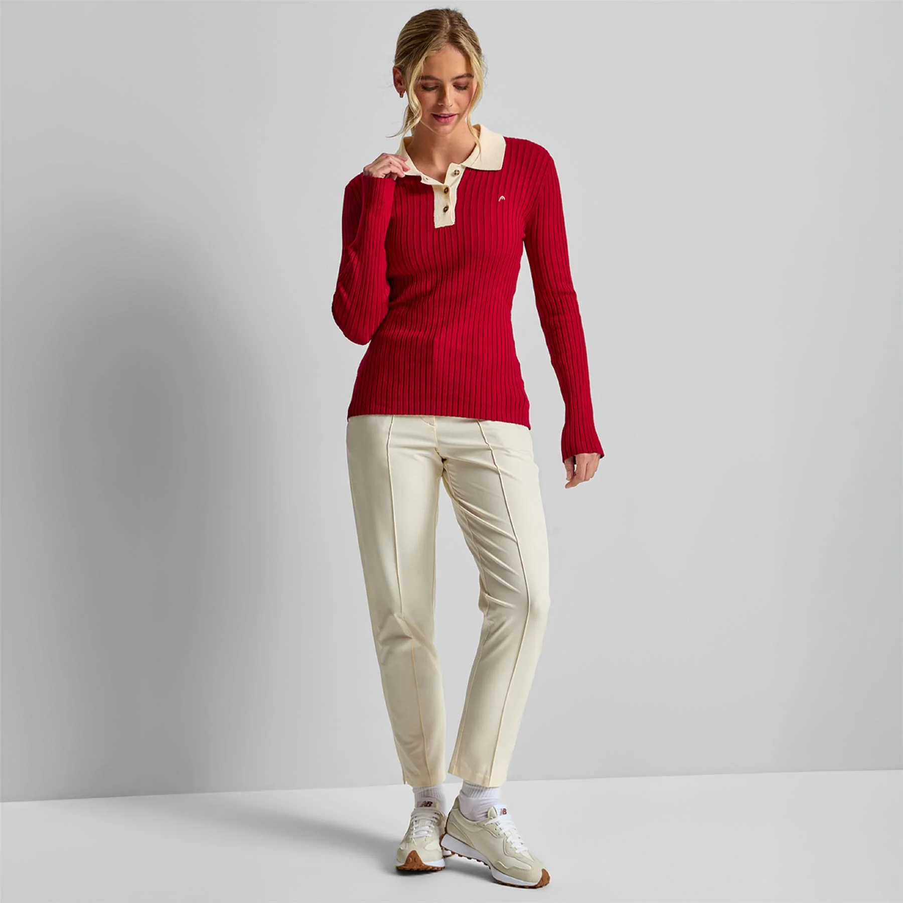 Pointelle Rib Long Sleebe Knit Polo Red - Image 3