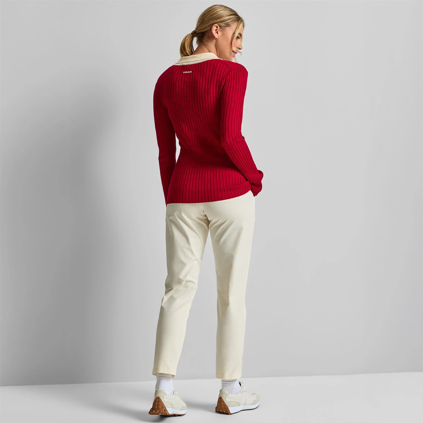 Pointelle Rib Long Sleebe Knit Polo Red - Image 4